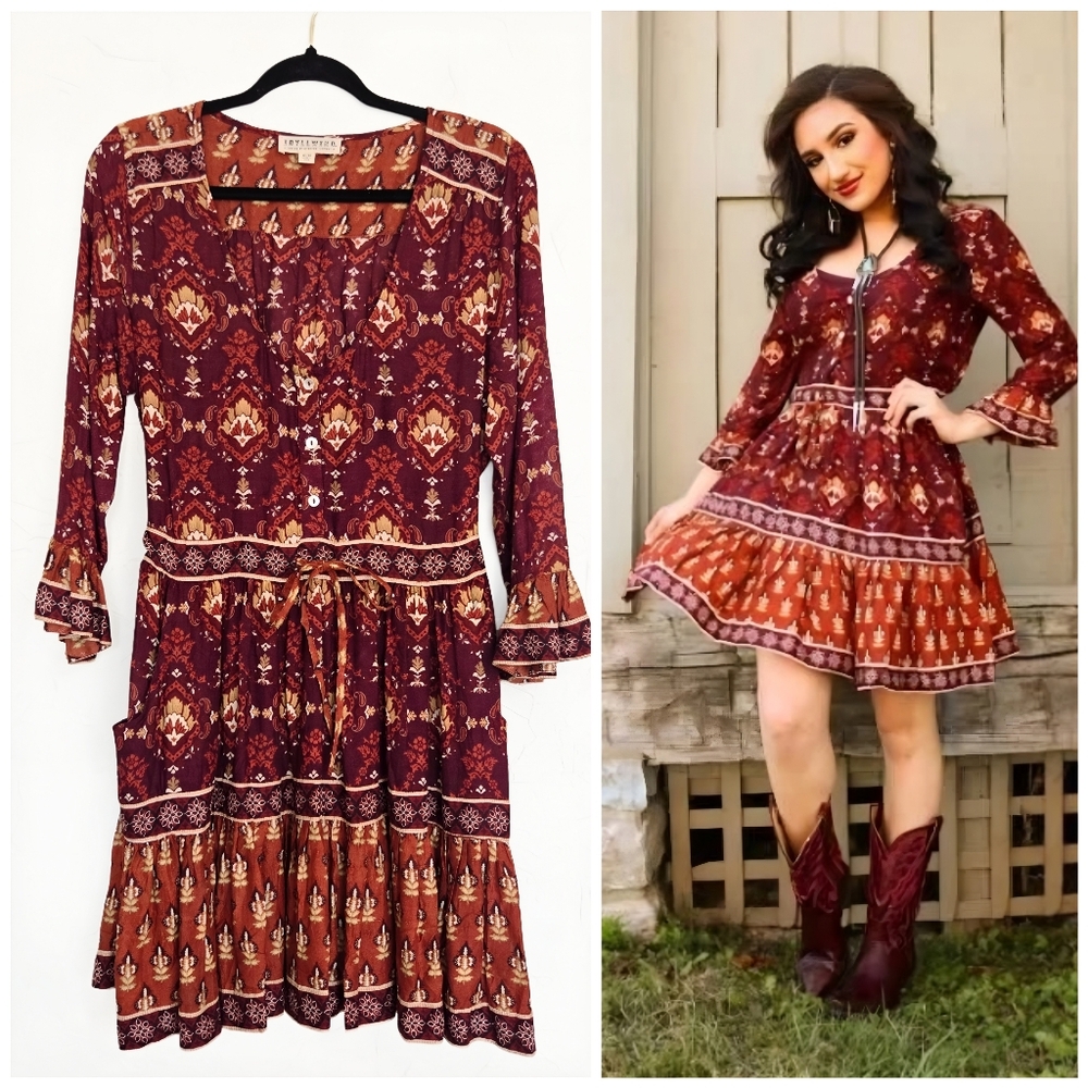 Idyllwind Burgundy and Rust Printed Boho Tiered Dress